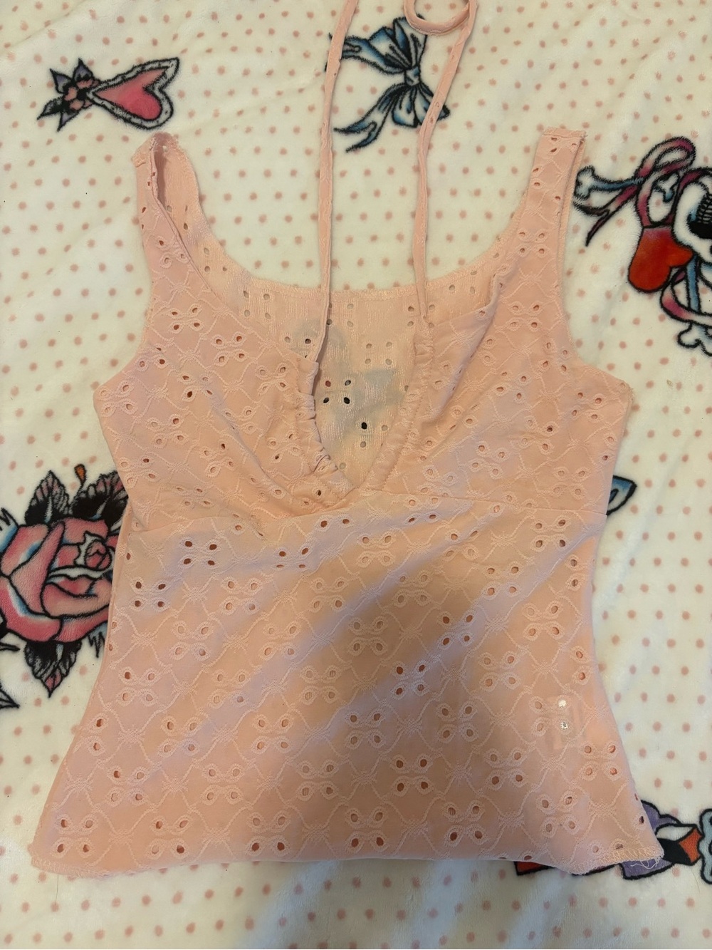 Lace Eyelet Camisole Tank Top in Soft Pink